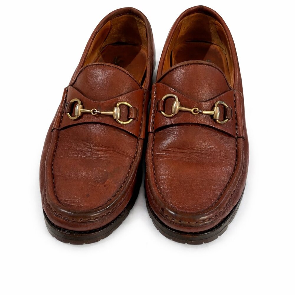 1990's Gucci Gold Horse bit Brown Loafers Lugg Sole